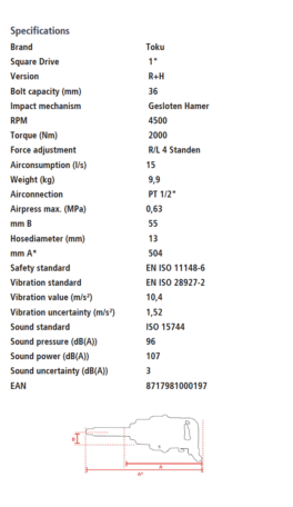 Toku MI-3800ELR – Slagmoersleutel 1″ 2000Nm