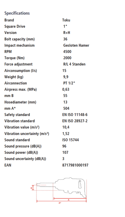 Toku MI-3800ELR - Slagmoersleutel 1" 2000Nm - Afbeelding 2